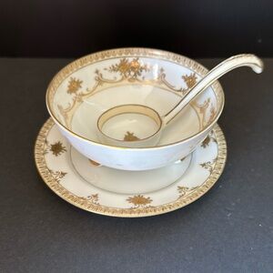 Antique NIPPON 3 Footed Condiment Bowl Plate & Ladle w Hand-painted Gold Flowers